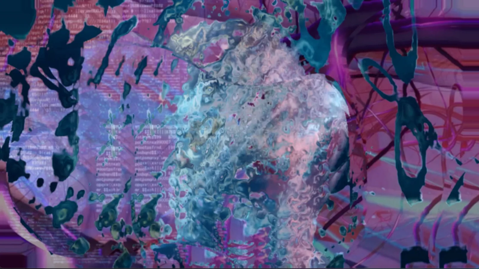 Still from Cyber Maze: layered pink and teal glitch textures around a translucent liquid form, with fragments of text
