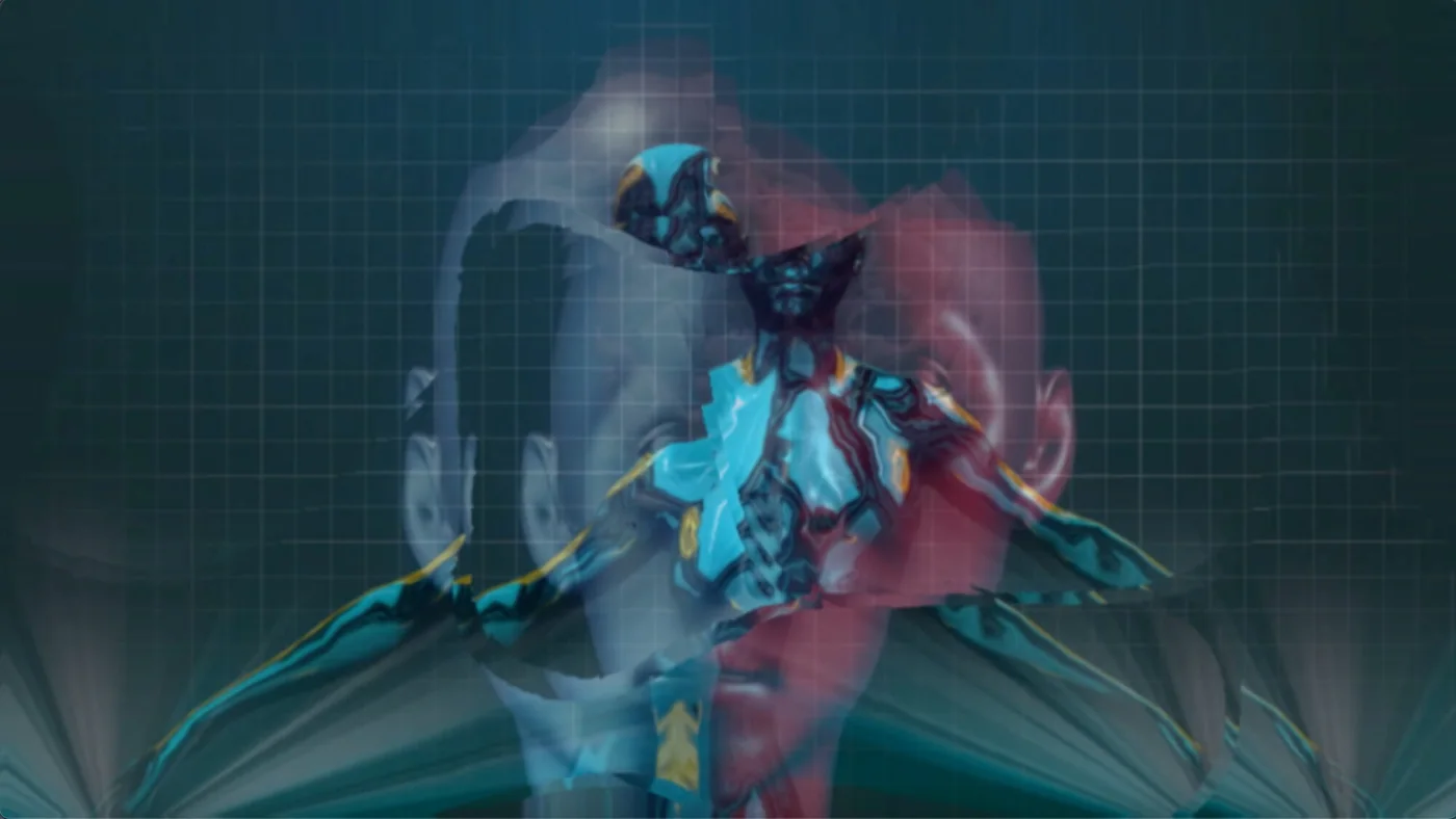 Still from Cyber Maze: a fractured face in grey and red, overlaid with teal fragments on a grid