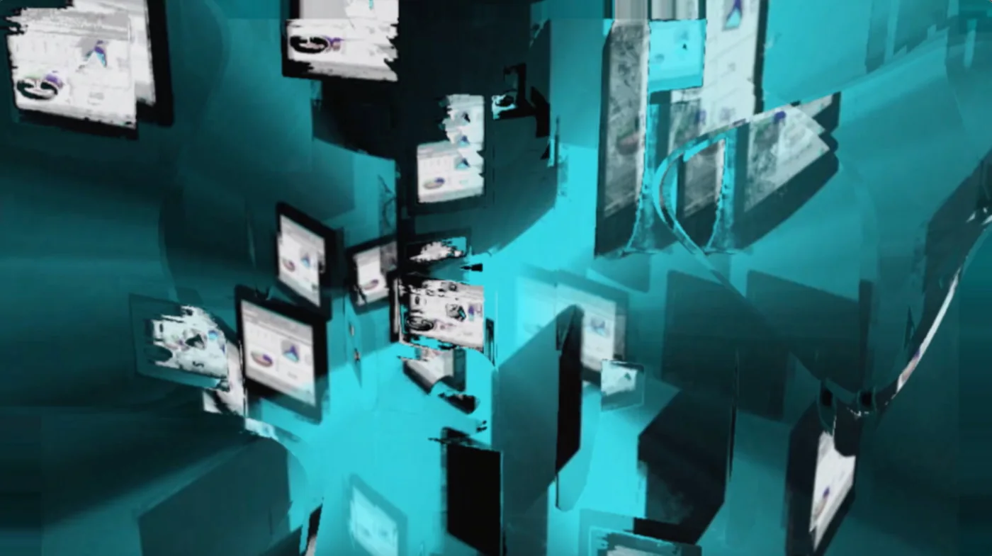 Still from Cyber Maze: floating screens and windows drifting through a teal space