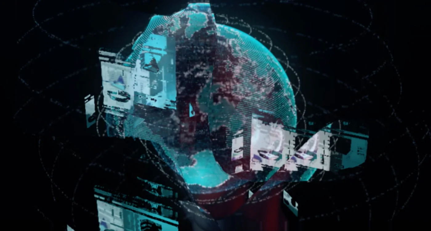 Still from Cyber Maze: a wireframe globe surrounded by floating screens on black