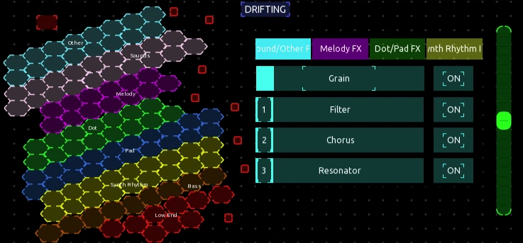 Performer A’s TouchOSC interface: hexagonal clip buttons grouped by material, with effect tabs, grain, filter, chorus and resonator switches, and a vertical fader