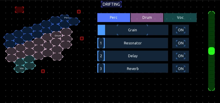 Performer B’s TouchOSC interface: hexagonal clip buttons for percussion, drums and vocals, with grain, resonator, delay and reverb switches and a vertical fader