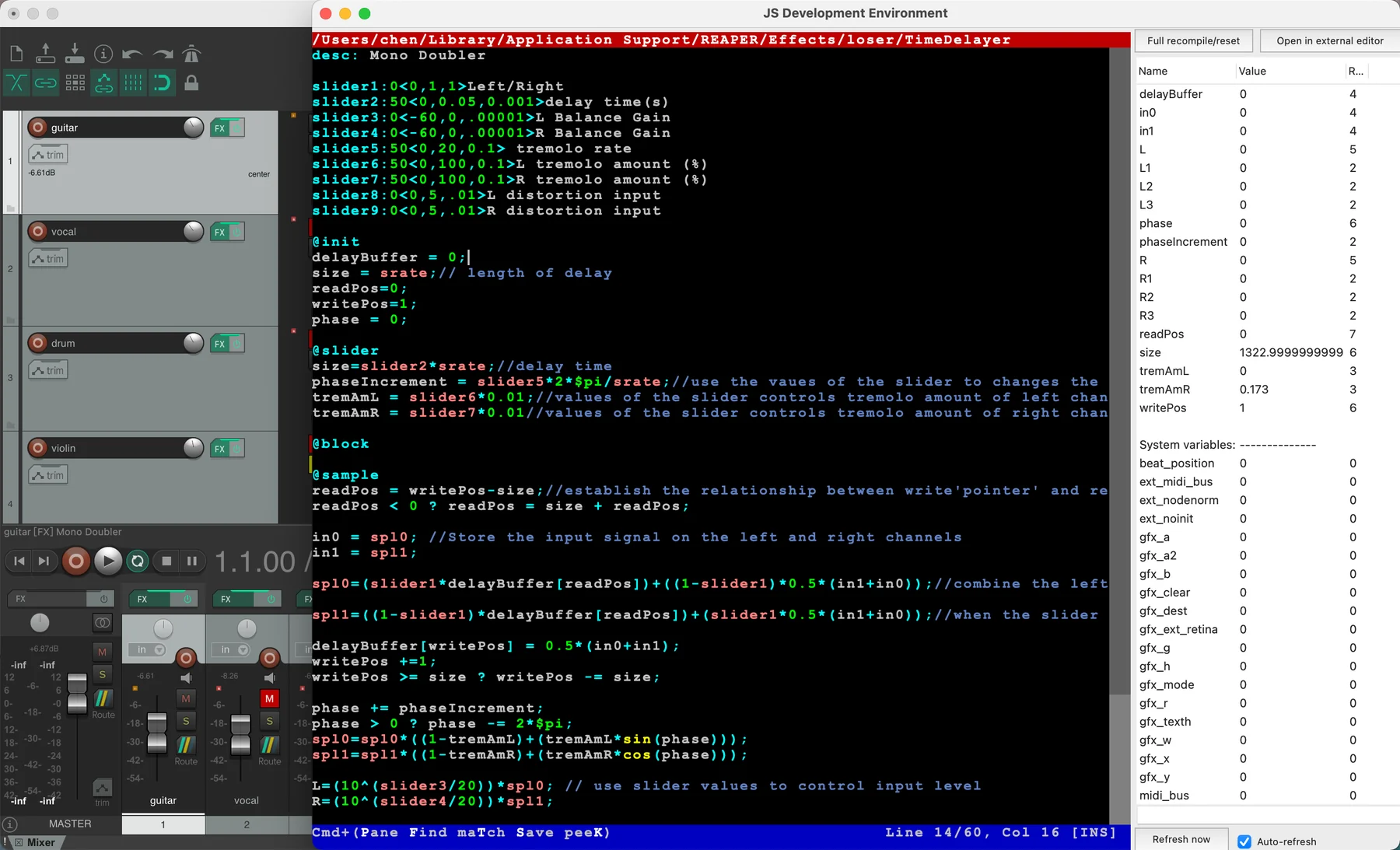 REAPER with the JS development environment open, showing the Mono Doubler code.