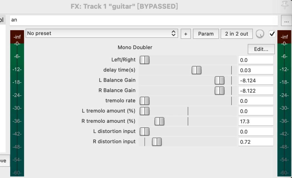 Mono Doubler in REAPER: nine sliders for left/right, delay time, gain, tremolo and distortion.