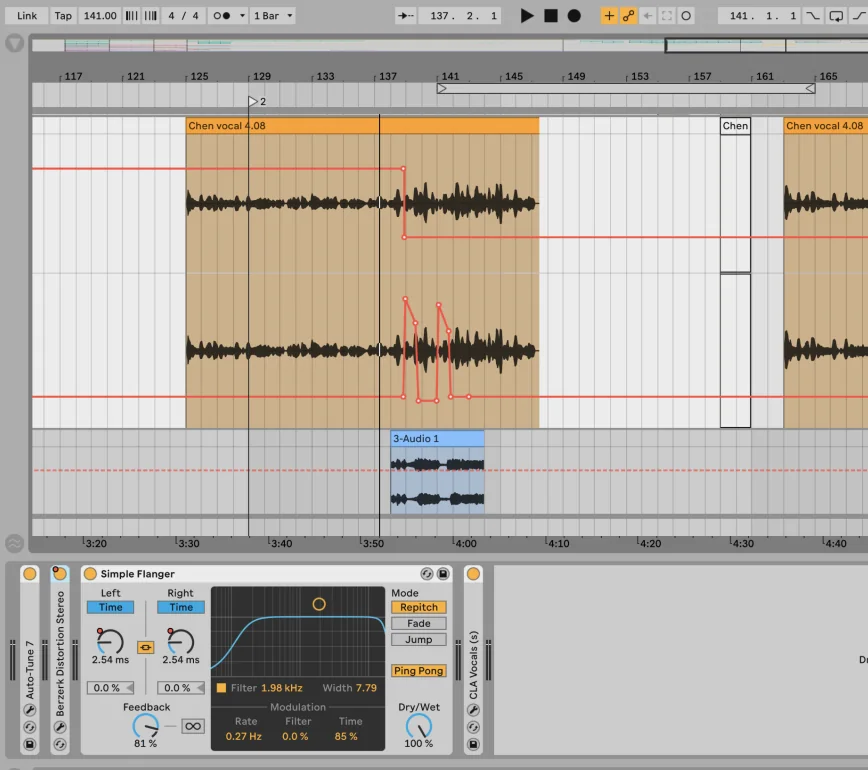 Ableton Live arrangement from the Fav Boy remix: a vocal clip with pitch automation above a Simple Flanger device