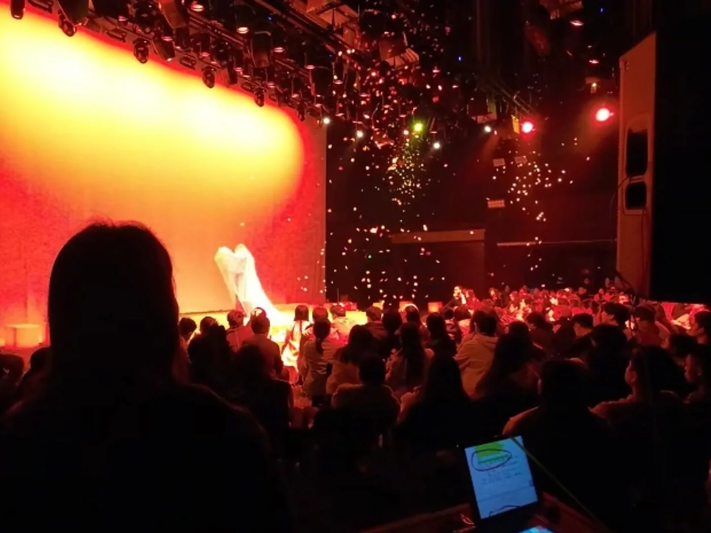 The Moon, The Moon: confetti falling over the stage under red light