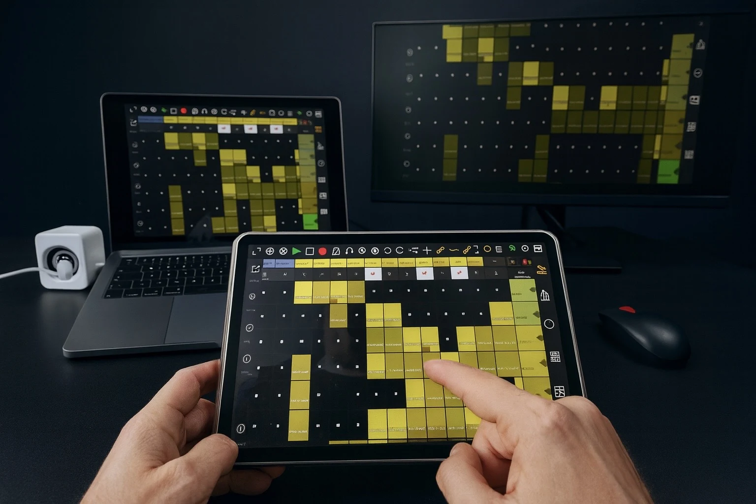 Touchscreen performance interface for Unbound: a tablet showing a grid of yellow clip slots in front of a laptop and monitor mirroring the same session
